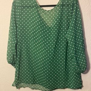 New York & Company Sheer Green & White Polka Dot Blouse